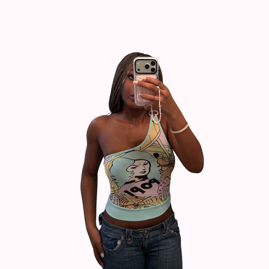 one shoulder graphic top